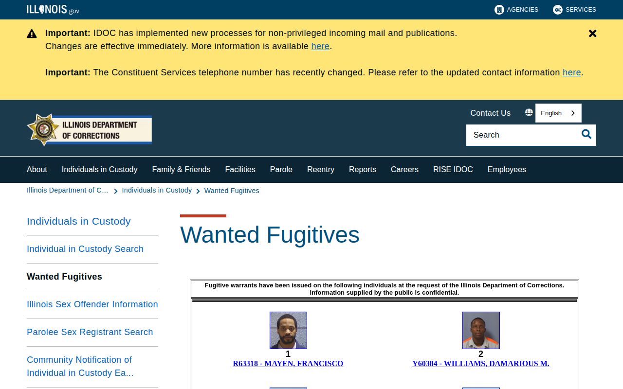 Illinois Department of Corrections wanted fugitives page for state custody notices