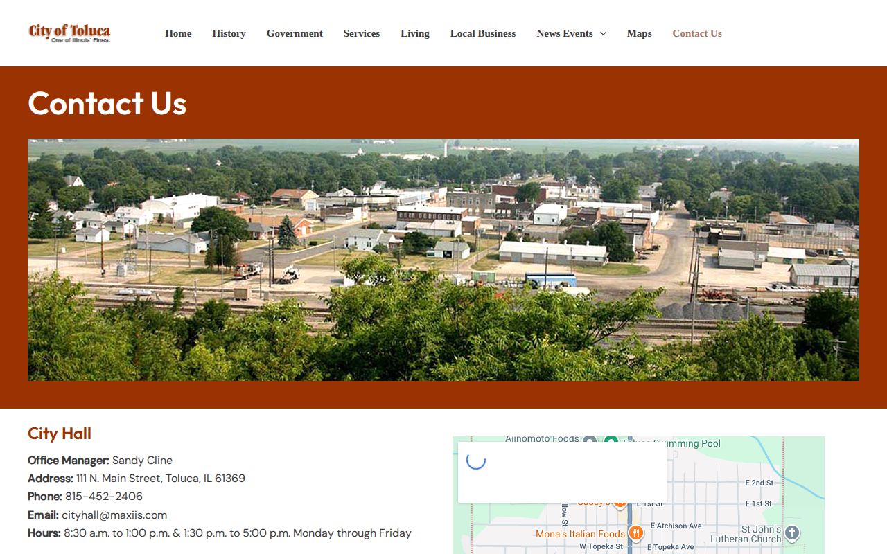 Toluca Illinois city contact page with police and municipal records information